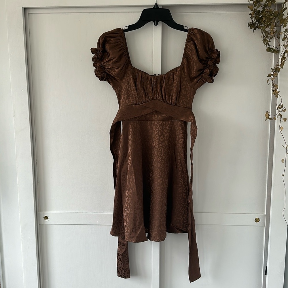 Brown Satin Leopard Print Baby Doll Dress • Size XS